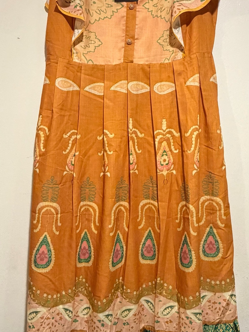Beulah Rust-Orange Maxi Dress with Pink & Green Motifs